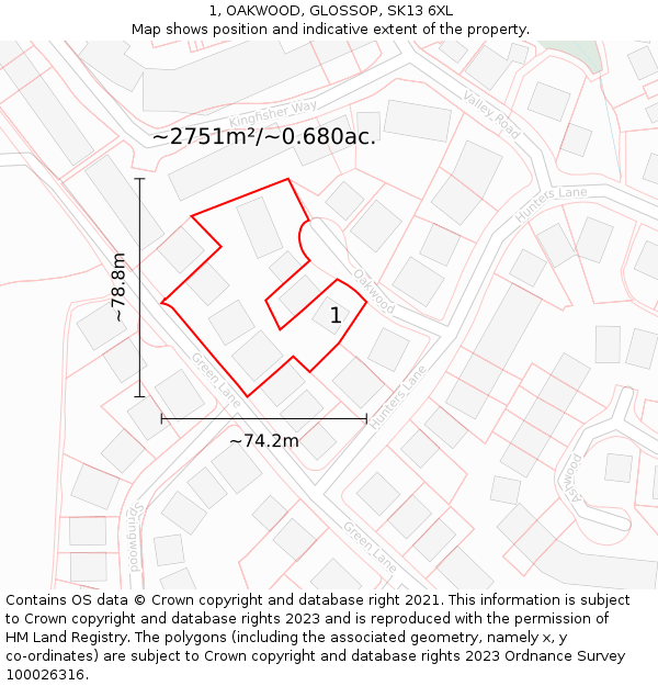 1, OAKWOOD, GLOSSOP, SK13 6XL: Plot and title map