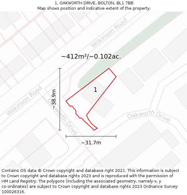 1, OAKWORTH DRIVE, BOLTON, BL1 7BB: Plot and title map