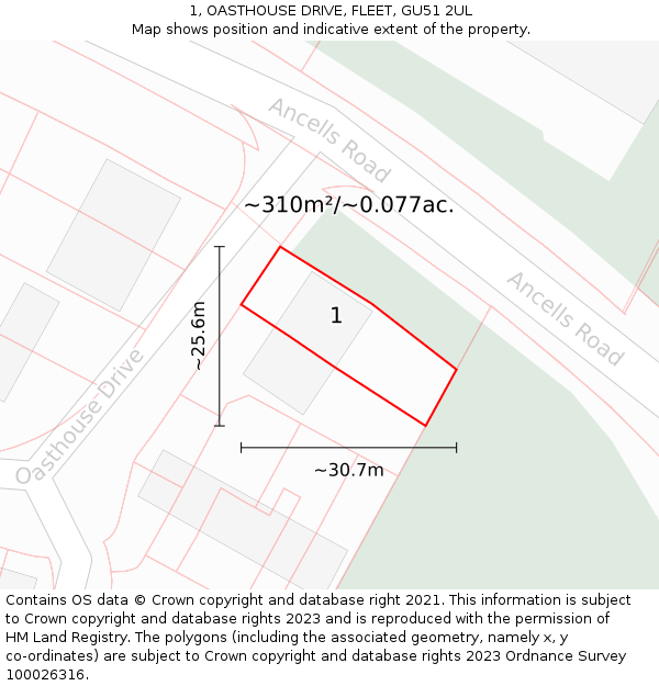 1, OASTHOUSE DRIVE, FLEET, GU51 2UL: Plot and title map