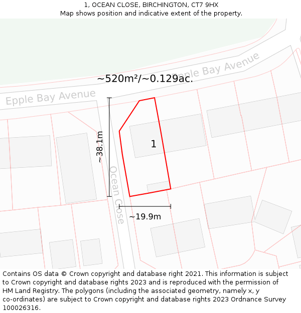 1, OCEAN CLOSE, BIRCHINGTON, CT7 9HX: Plot and title map