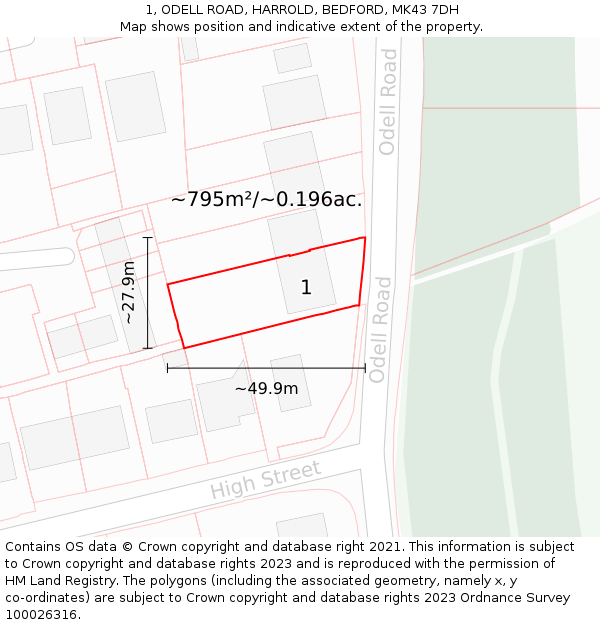 1, ODELL ROAD, HARROLD, BEDFORD, MK43 7DH: Plot and title map