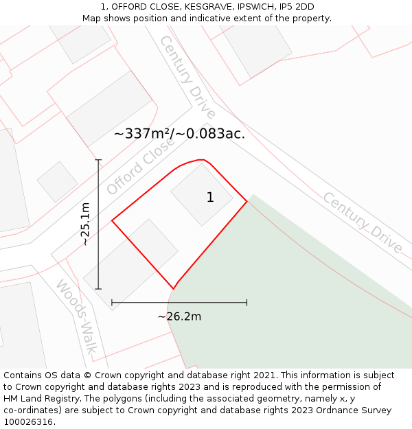 1, OFFORD CLOSE, KESGRAVE, IPSWICH, IP5 2DD: Plot and title map