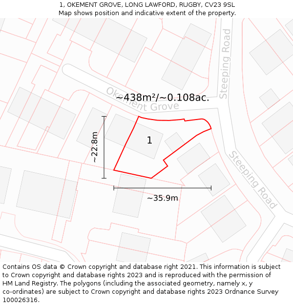 1, OKEMENT GROVE, LONG LAWFORD, RUGBY, CV23 9SL: Plot and title map