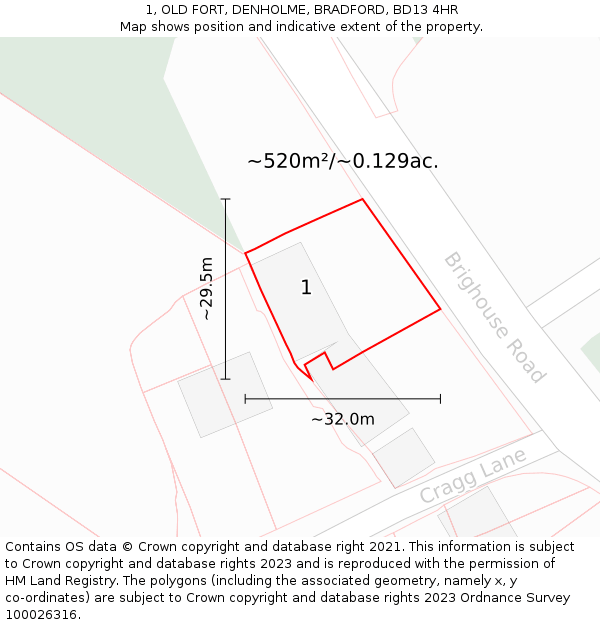 1, OLD FORT, DENHOLME, BRADFORD, BD13 4HR: Plot and title map