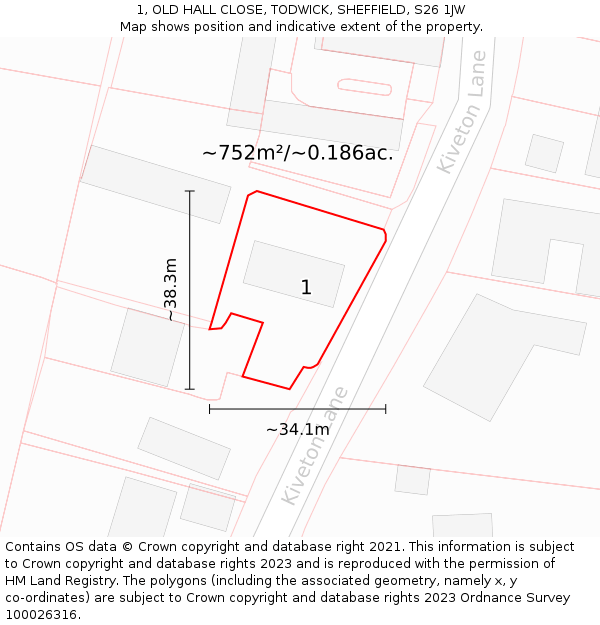 1, OLD HALL CLOSE, TODWICK, SHEFFIELD, S26 1JW: Plot and title map