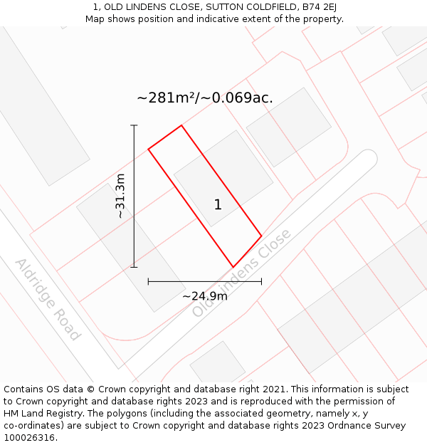 1, OLD LINDENS CLOSE, SUTTON COLDFIELD, B74 2EJ: Plot and title map