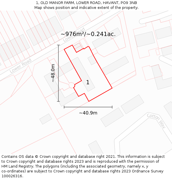 1, OLD MANOR FARM, LOWER ROAD, HAVANT, PO9 3NB: Plot and title map