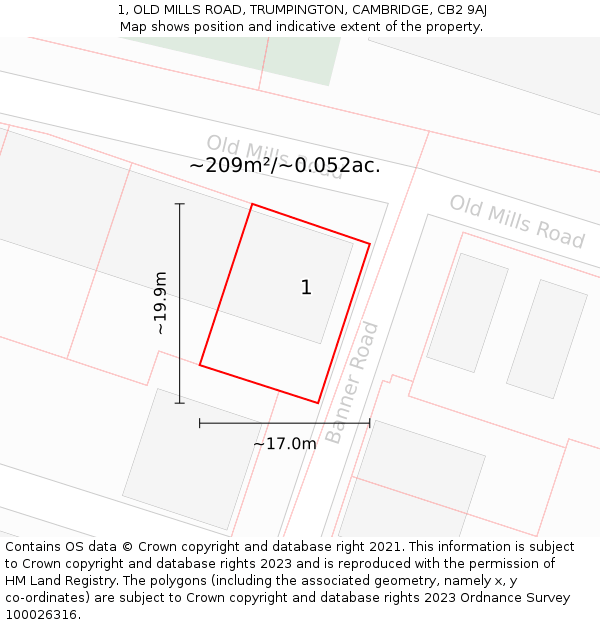 1, OLD MILLS ROAD, TRUMPINGTON, CAMBRIDGE, CB2 9AJ: Plot and title map