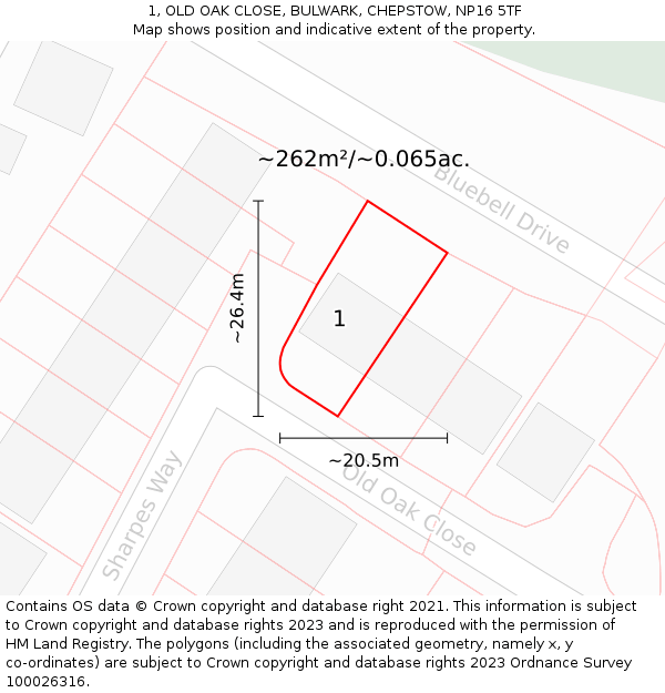 1, OLD OAK CLOSE, BULWARK, CHEPSTOW, NP16 5TF: Plot and title map