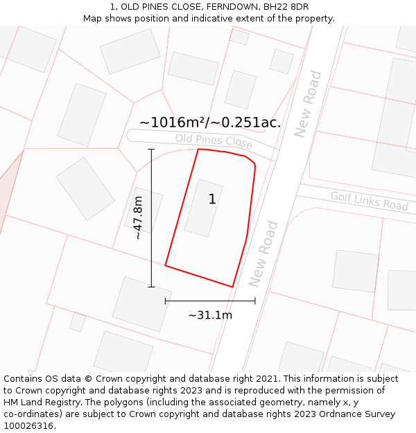 1, OLD PINES CLOSE, FERNDOWN, BH22 8DR: Plot and title map