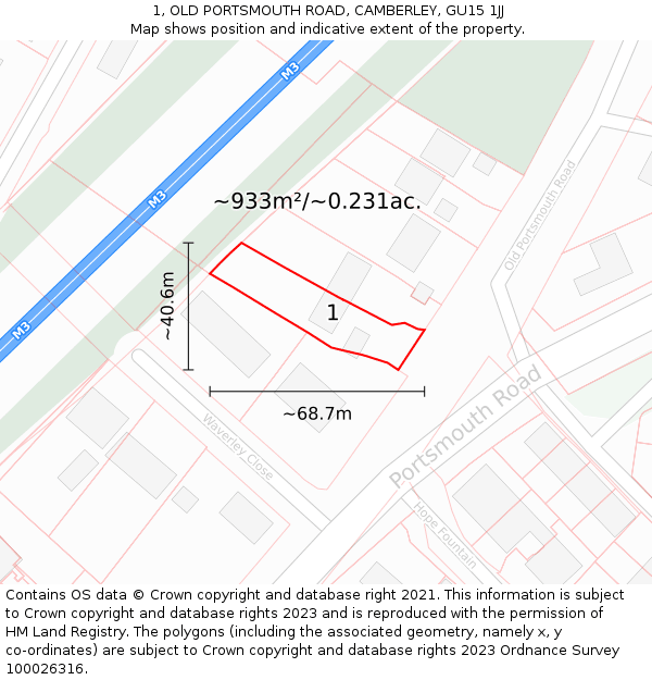 1, OLD PORTSMOUTH ROAD, CAMBERLEY, GU15 1JJ: Plot and title map