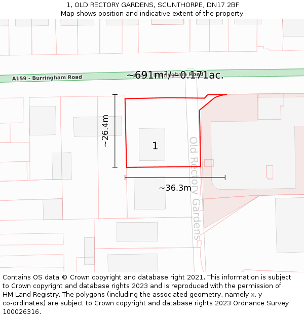 1, OLD RECTORY GARDENS, SCUNTHORPE, DN17 2BF: Plot and title map