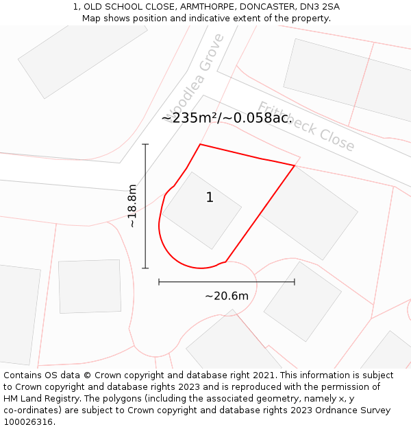 1, OLD SCHOOL CLOSE, ARMTHORPE, DONCASTER, DN3 2SA: Plot and title map