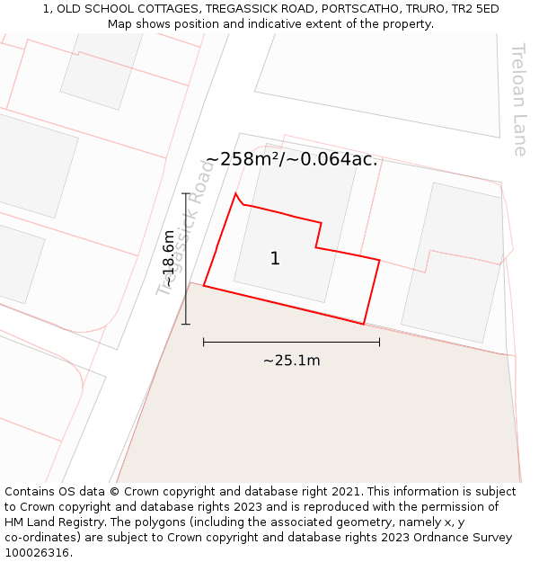 1, OLD SCHOOL COTTAGES, TREGASSICK ROAD, PORTSCATHO, TRURO, TR2 5ED: Plot and title map