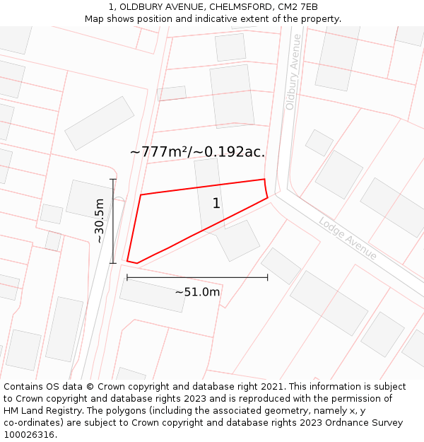 1, OLDBURY AVENUE, CHELMSFORD, CM2 7EB: Plot and title map