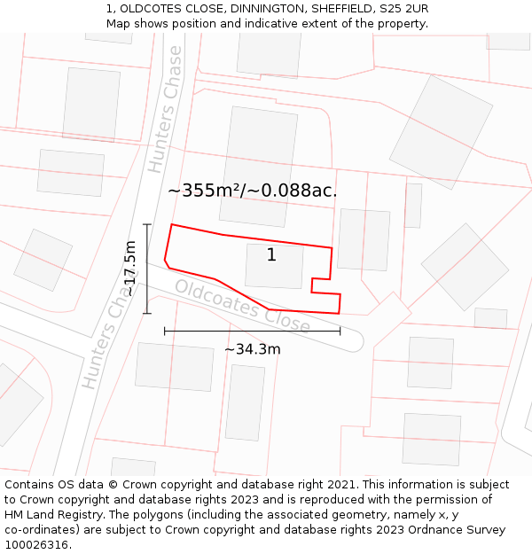 1, OLDCOTES CLOSE, DINNINGTON, SHEFFIELD, S25 2UR: Plot and title map