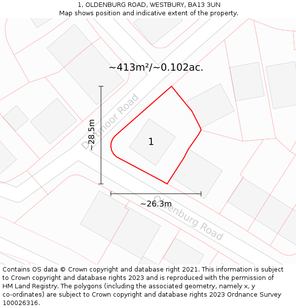 1, OLDENBURG ROAD, WESTBURY, BA13 3UN: Plot and title map