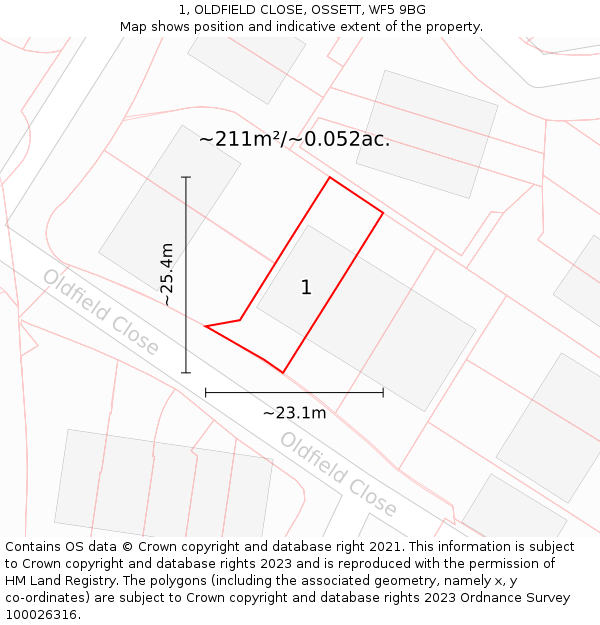 1, OLDFIELD CLOSE, OSSETT, WF5 9BG: Plot and title map