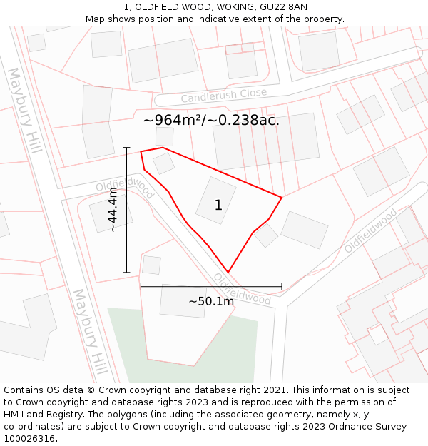 1, OLDFIELD WOOD, WOKING, GU22 8AN: Plot and title map