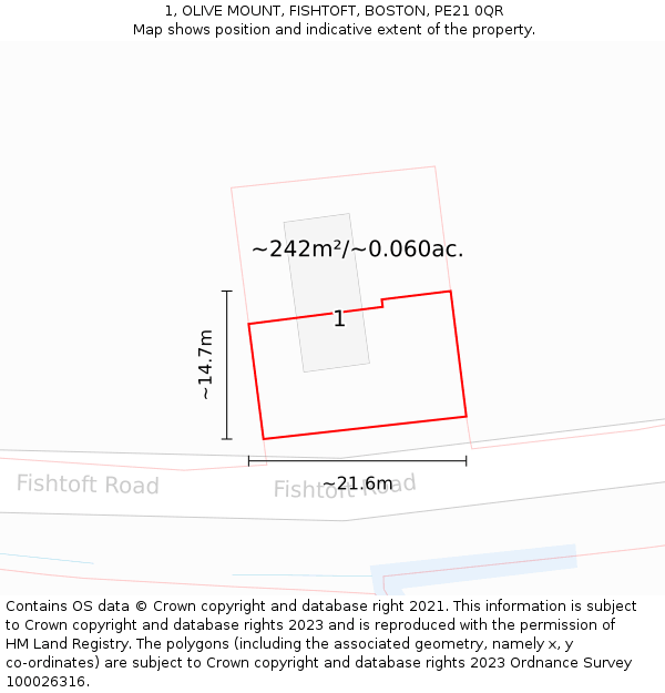 1, OLIVE MOUNT, FISHTOFT, BOSTON, PE21 0QR: Plot and title map