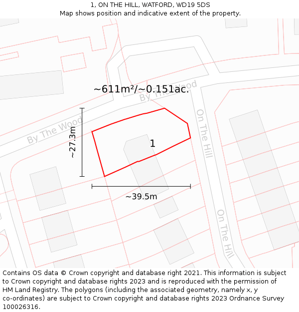 1, ON THE HILL, WATFORD, WD19 5DS: Plot and title map