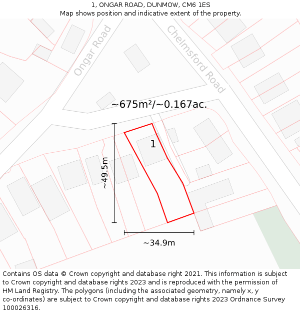 1, ONGAR ROAD, DUNMOW, CM6 1ES: Plot and title map