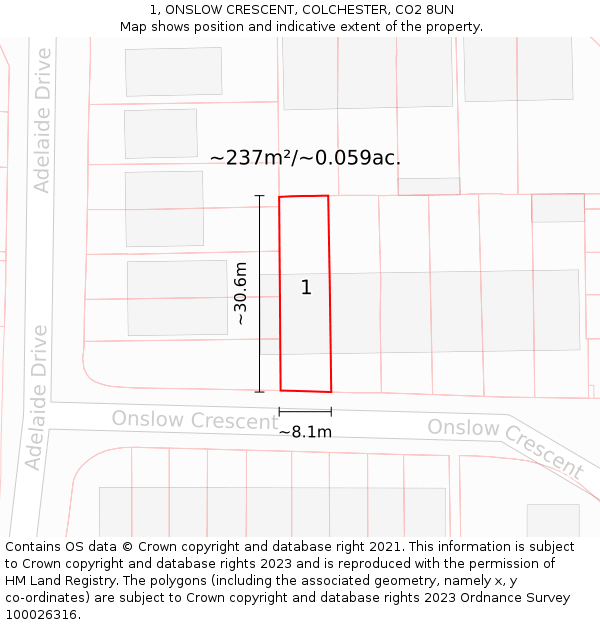 1, ONSLOW CRESCENT, COLCHESTER, CO2 8UN: Plot and title map