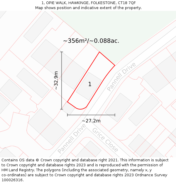 1, OPIE WALK, HAWKINGE, FOLKESTONE, CT18 7QF: Plot and title map