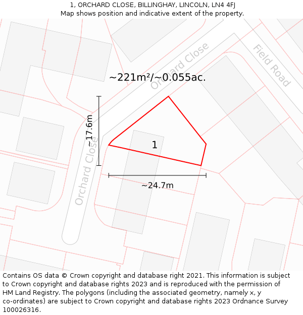 1, ORCHARD CLOSE, BILLINGHAY, LINCOLN, LN4 4FJ: Plot and title map