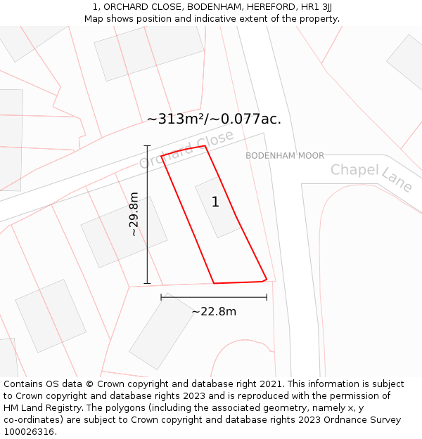 1, ORCHARD CLOSE, BODENHAM, HEREFORD, HR1 3JJ: Plot and title map