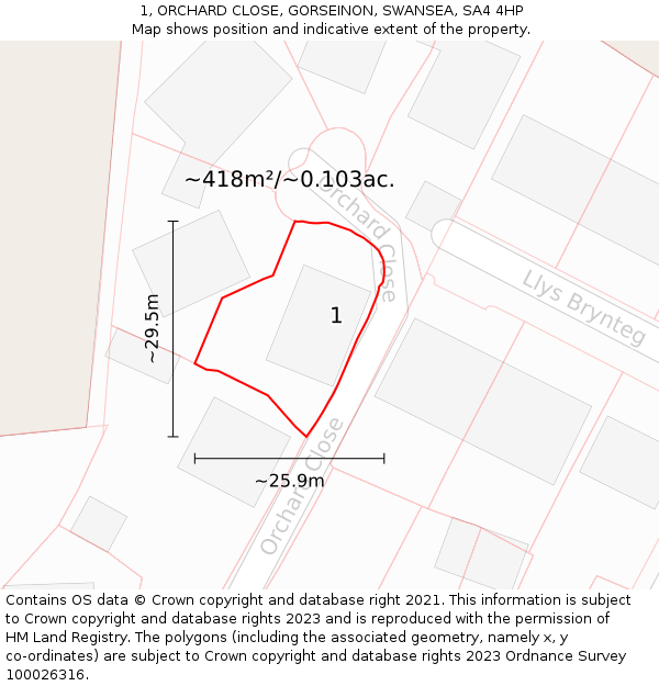 1, ORCHARD CLOSE, GORSEINON, SWANSEA, SA4 4HP: Plot and title map