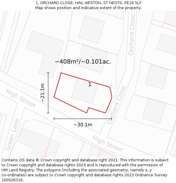 1, ORCHARD CLOSE, HAIL WESTON, ST NEOTS, PE19 5LF: Plot and title map