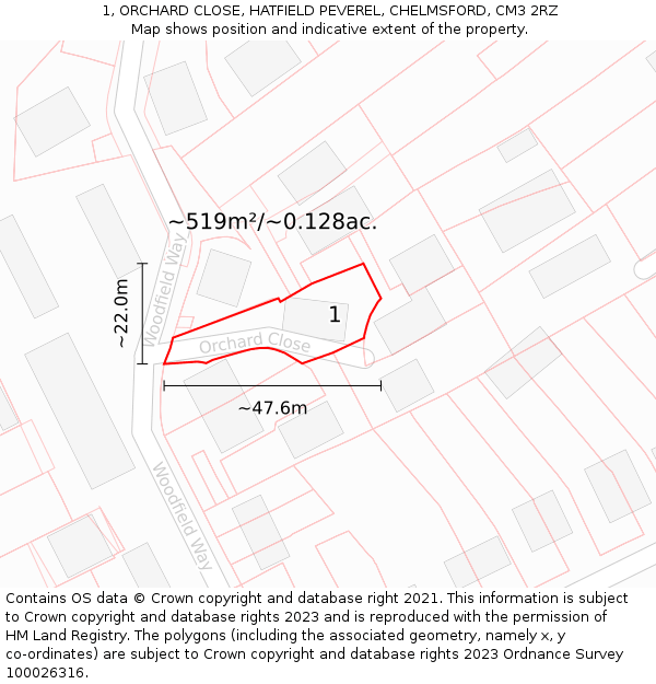 1, ORCHARD CLOSE, HATFIELD PEVEREL, CHELMSFORD, CM3 2RZ: Plot and title map