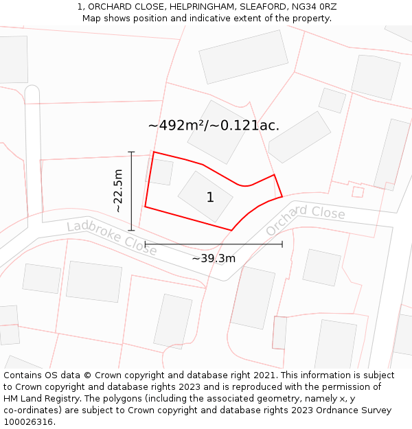 1, ORCHARD CLOSE, HELPRINGHAM, SLEAFORD, NG34 0RZ: Plot and title map