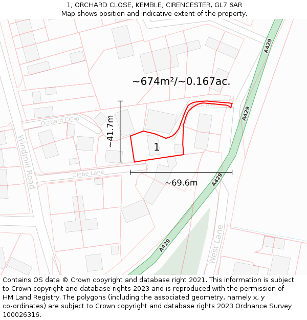 1, ORCHARD CLOSE, KEMBLE, CIRENCESTER, GL7 6AR: Plot and title map