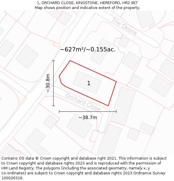 1, ORCHARD CLOSE, KINGSTONE, HEREFORD, HR2 9ET: Plot and title map