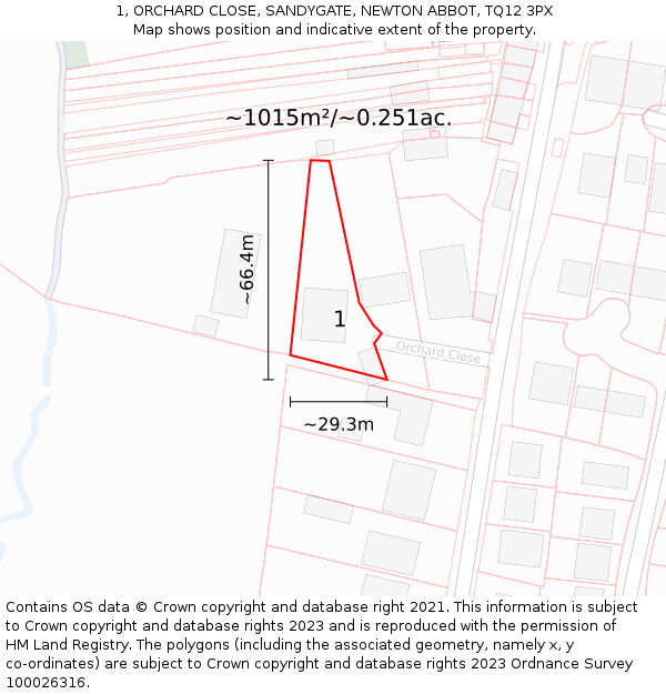 1, ORCHARD CLOSE, SANDYGATE, NEWTON ABBOT, TQ12 3PX: Plot and title map