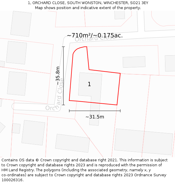 1, ORCHARD CLOSE, SOUTH WONSTON, WINCHESTER, SO21 3EY: Plot and title map