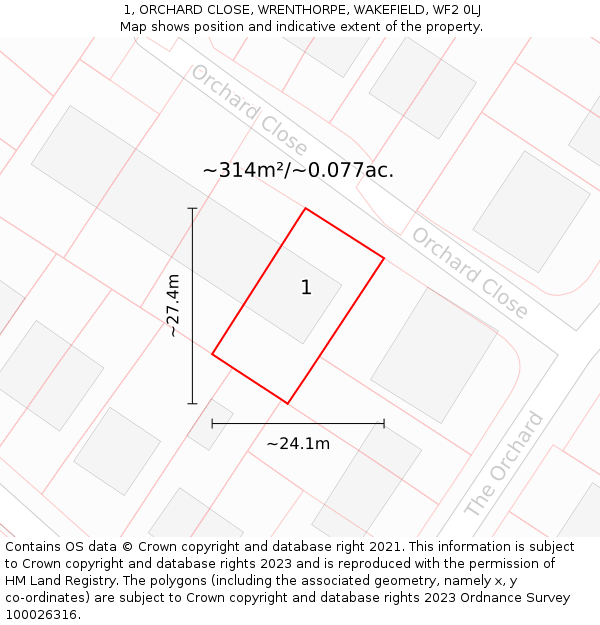 1, ORCHARD CLOSE, WRENTHORPE, WAKEFIELD, WF2 0LJ: Plot and title map