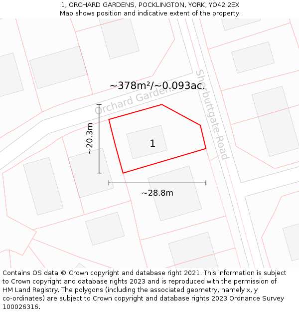 1, ORCHARD GARDENS, POCKLINGTON, YORK, YO42 2EX: Plot and title map