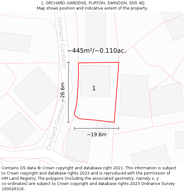 1, ORCHARD GARDENS, PURTON, SWINDON, SN5 4EJ: Plot and title map