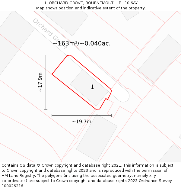 1, ORCHARD GROVE, BOURNEMOUTH, BH10 6AY: Plot and title map