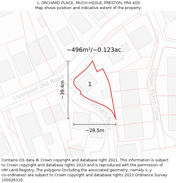 1, ORCHARD PLACE, MUCH HOOLE, PRESTON, PR4 4GS: Plot and title map