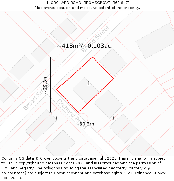 1, ORCHARD ROAD, BROMSGROVE, B61 8HZ: Plot and title map