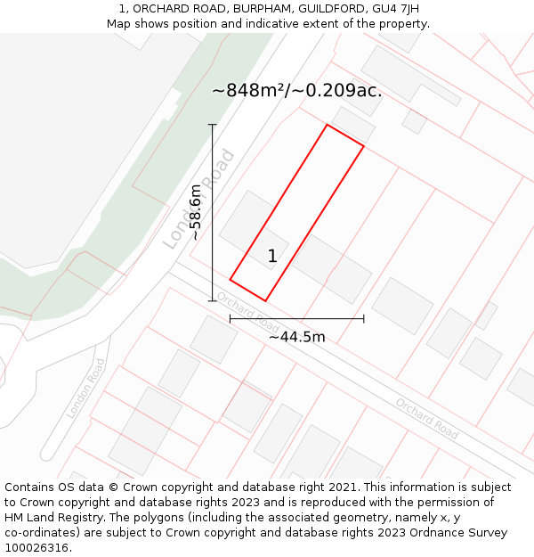 1, ORCHARD ROAD, BURPHAM, GUILDFORD, GU4 7JH: Plot and title map