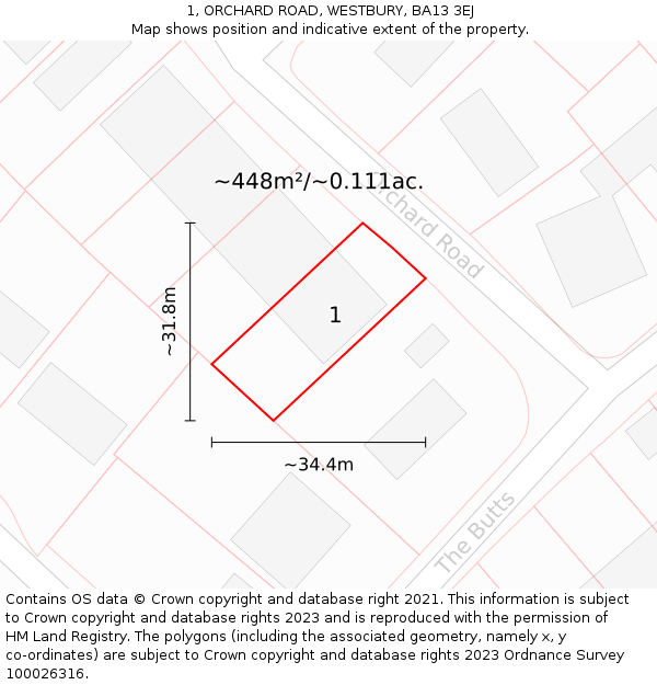 1, ORCHARD ROAD, WESTBURY, BA13 3EJ: Plot and title map