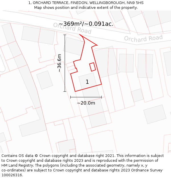 1, ORCHARD TERRACE, FINEDON, WELLINGBOROUGH, NN9 5HS: Plot and title map