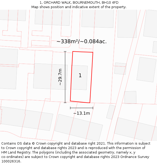 1, ORCHARD WALK, BOURNEMOUTH, BH10 4FD: Plot and title map