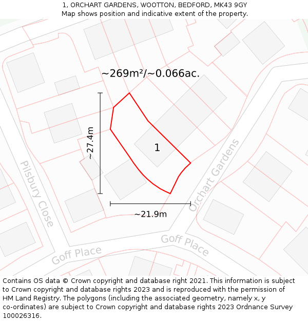 1, ORCHART GARDENS, WOOTTON, BEDFORD, MK43 9GY: Plot and title map