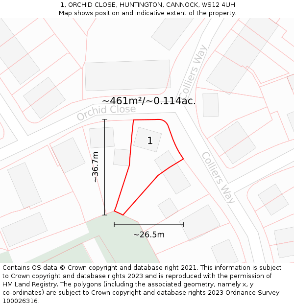 1, ORCHID CLOSE, HUNTINGTON, CANNOCK, WS12 4UH: Plot and title map